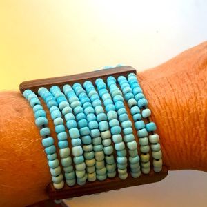 Turquoise color Bead and Wood stretch Bracelet